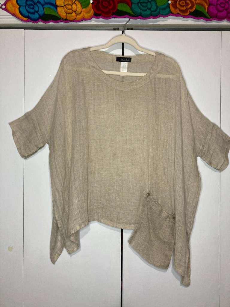Vintage Lagenlook Grail Oversized Boxy Med 100% Linen Slouchy Asymmetric Pocket